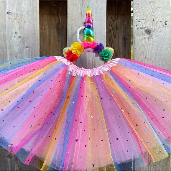 2 pcs set NEW Unicorn tutu hair band set 4 fully layer sparkle rainbow tutu - Picture 2 of 6